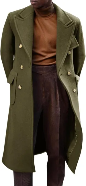 Runcati Mens Trench Coat Notch Lapel Long Jacket Double Breasted Classic Winter Overcoat
