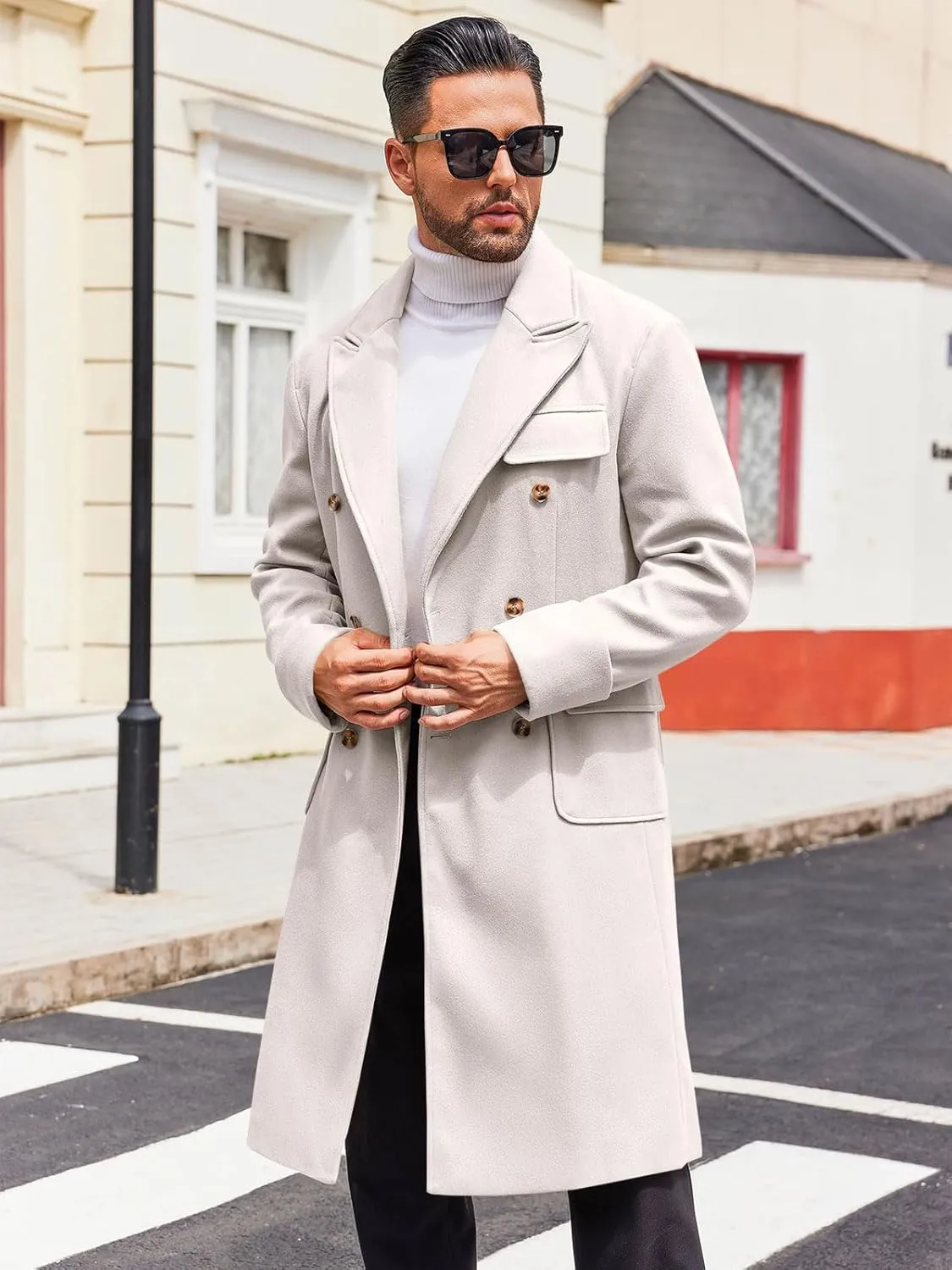 Runcati Mens Trench Coat Notch Lapel Long Jacket Double Breasted Classic Winter Overcoat