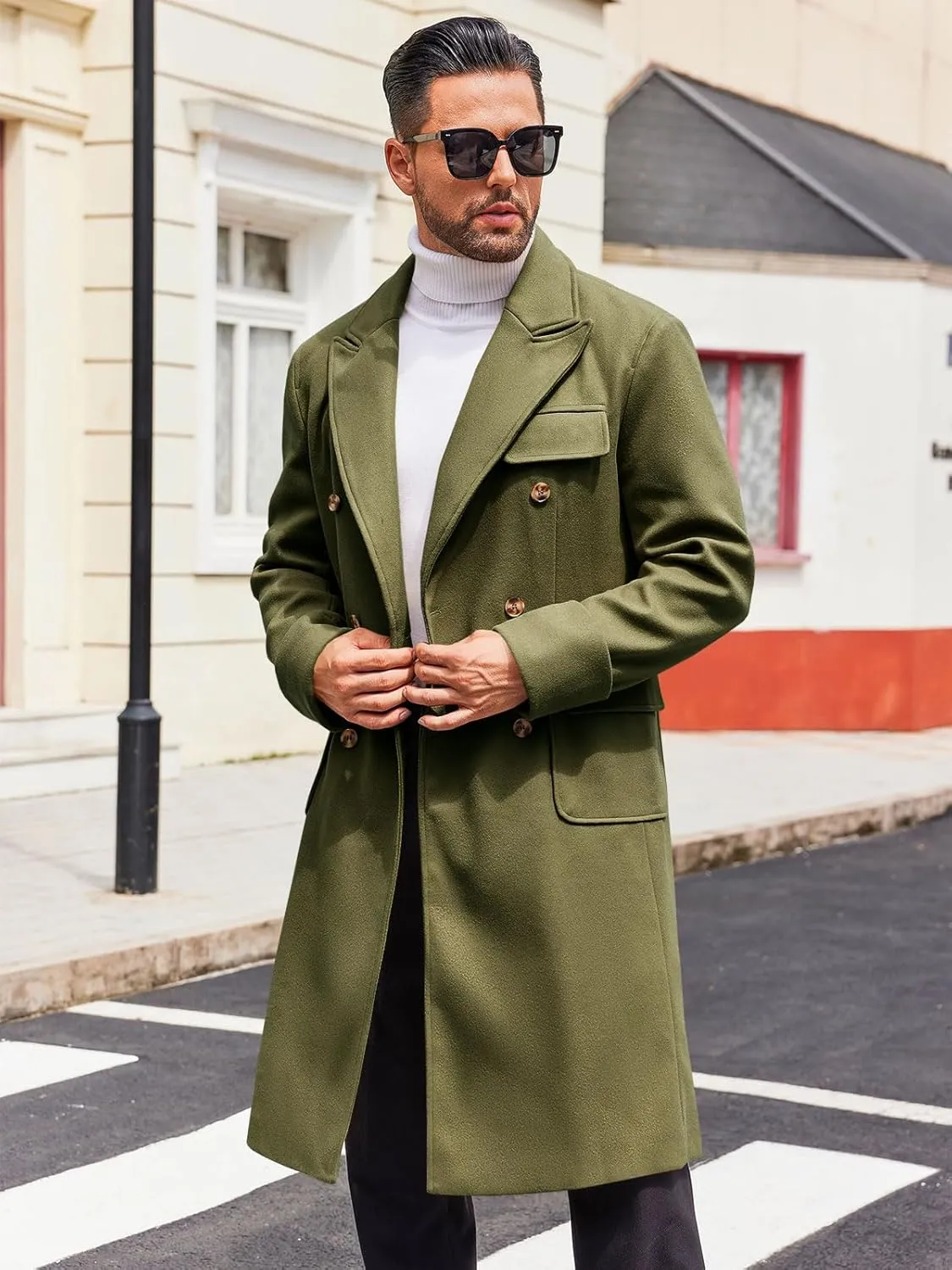 Runcati Mens Trench Coat Notch Lapel Long Jacket Double Breasted Classic Winter Overcoat