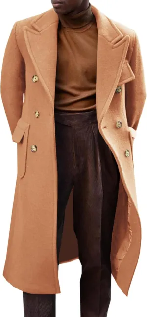Runcati Mens Trench Coat Notch Lapel Long Jacket Double Breasted Classic Winter Overcoat