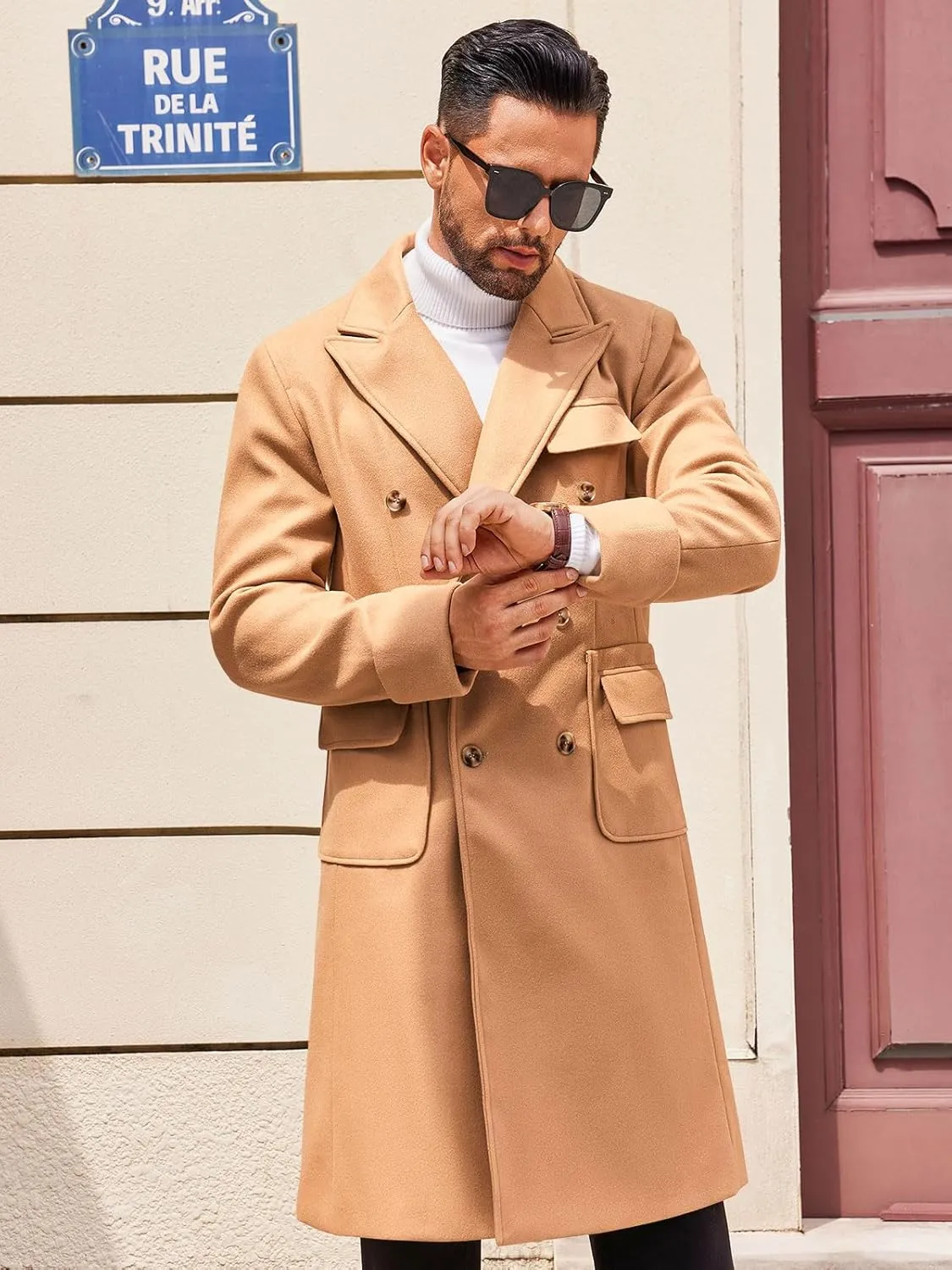 Runcati Mens Trench Coat Notch Lapel Long Jacket Double Breasted Classic Winter Overcoat