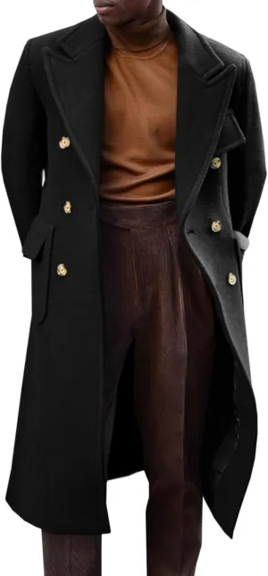 Runcati Mens Trench Coat Notch Lapel Long Jacket Double Breasted Classic Winter Overcoat