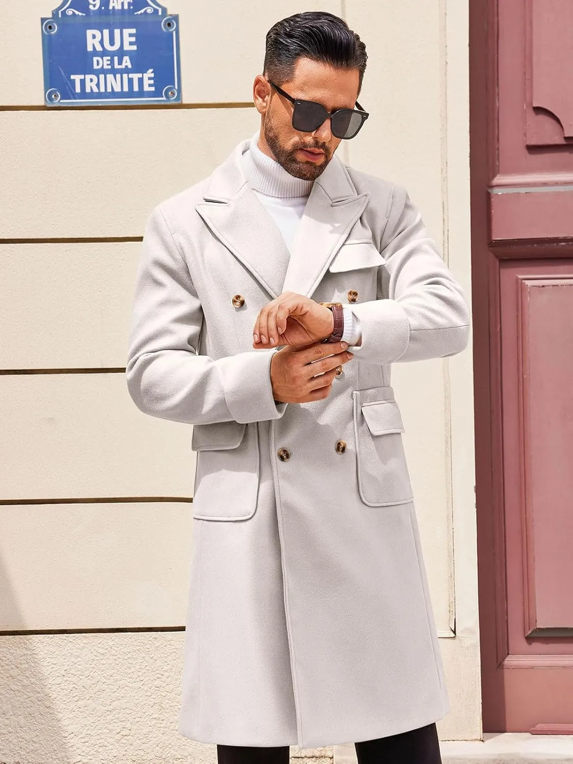 Runcati Mens Trench Coat Notch Lapel Long Jacket Double Breasted Classic Winter Overcoat