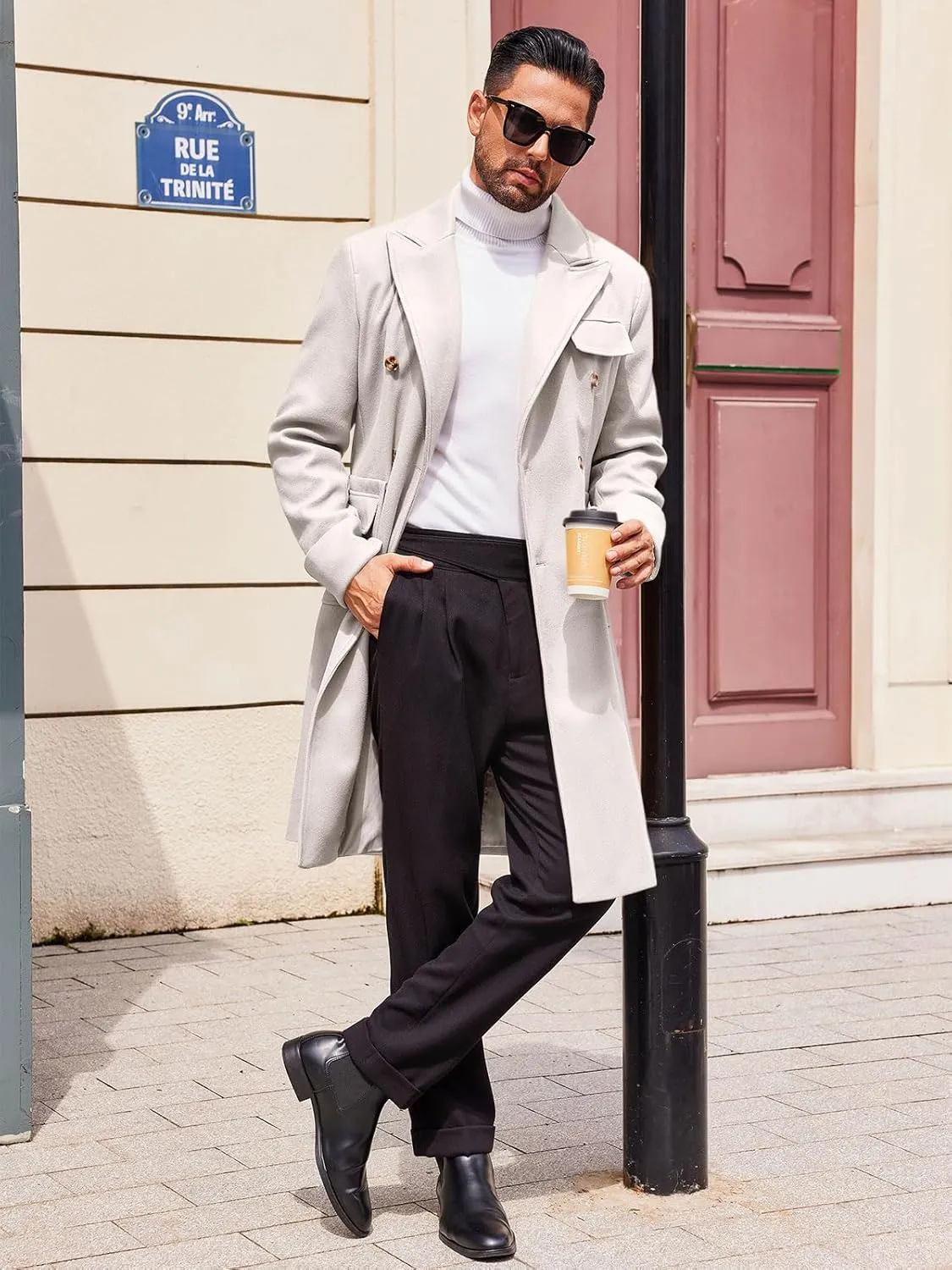 Runcati Mens Trench Coat Notch Lapel Long Jacket Double Breasted Classic Winter Overcoat
