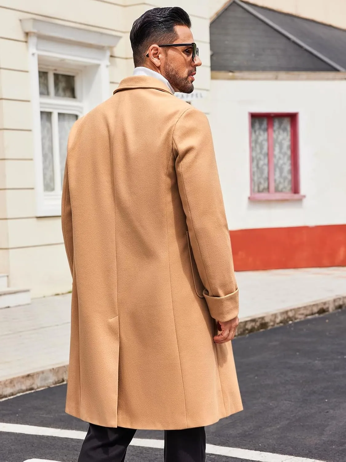Runcati Mens Trench Coat Notch Lapel Long Jacket Double Breasted Classic Winter Overcoat