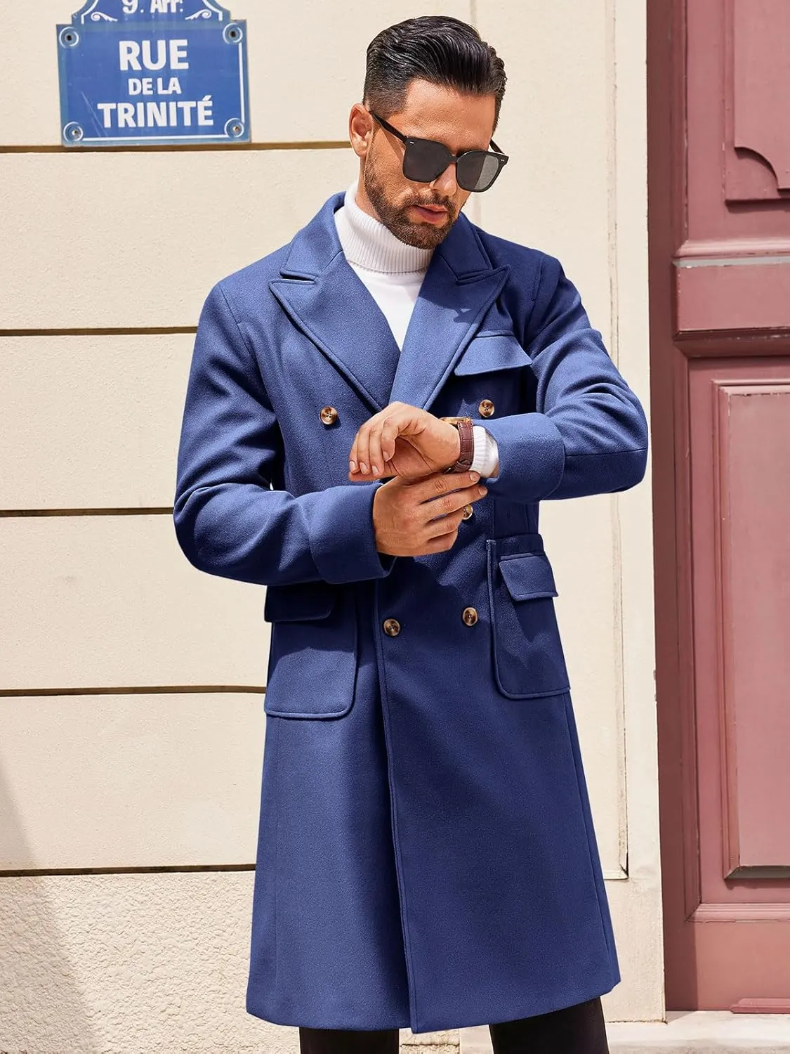 Runcati Mens Trench Coat Notch Lapel Long Jacket Double Breasted Classic Winter Overcoat