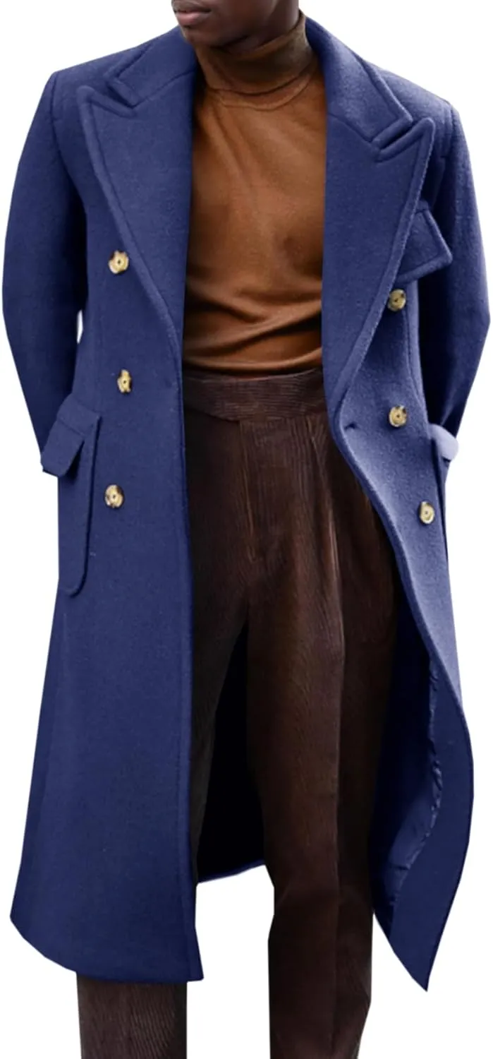 Runcati Mens Trench Coat Notch Lapel Long Jacket Double Breasted Classic Winter Overcoat