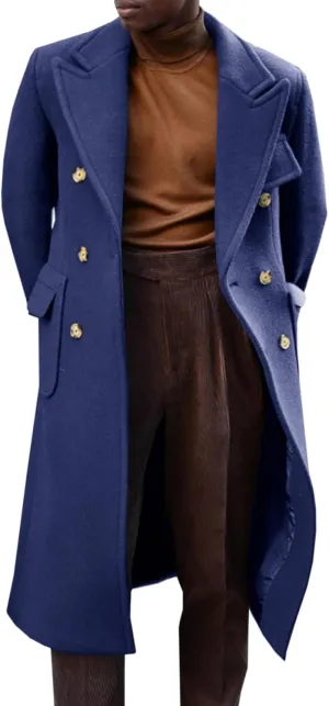 Runcati Mens Trench Coat Notch Lapel Long Jacket Double Breasted Classic Winter Overcoat