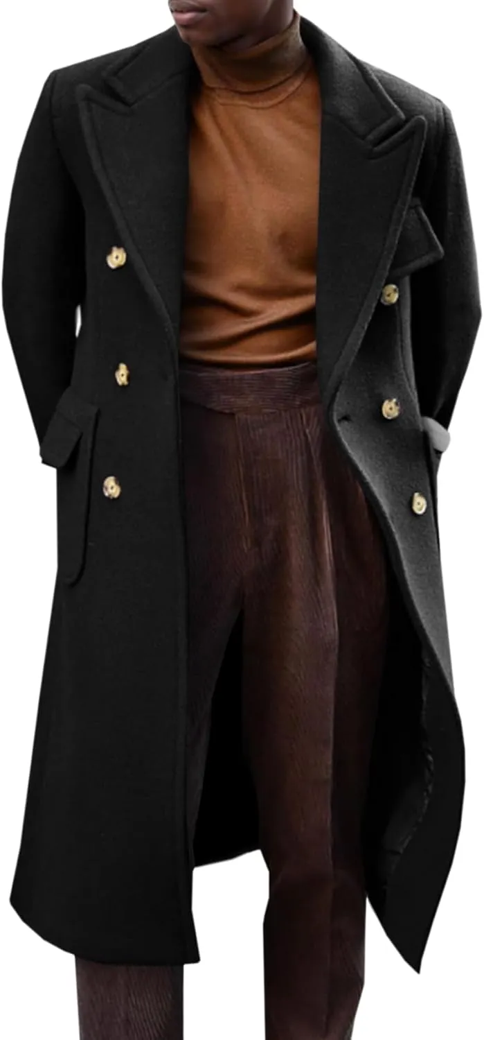 Runcati Mens Trench Coat Notch Lapel Long Jacket Double Breasted Classic Winter Overcoat