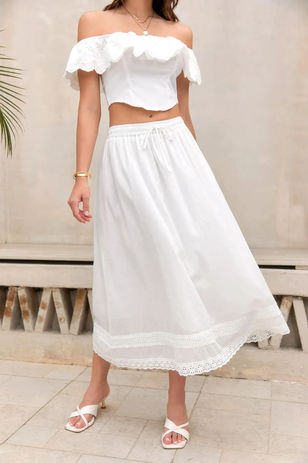 SANGTREE Women's Lace Cotton Linen Skirt Drawstring Waist A Line Beach Flowy Long Skirts