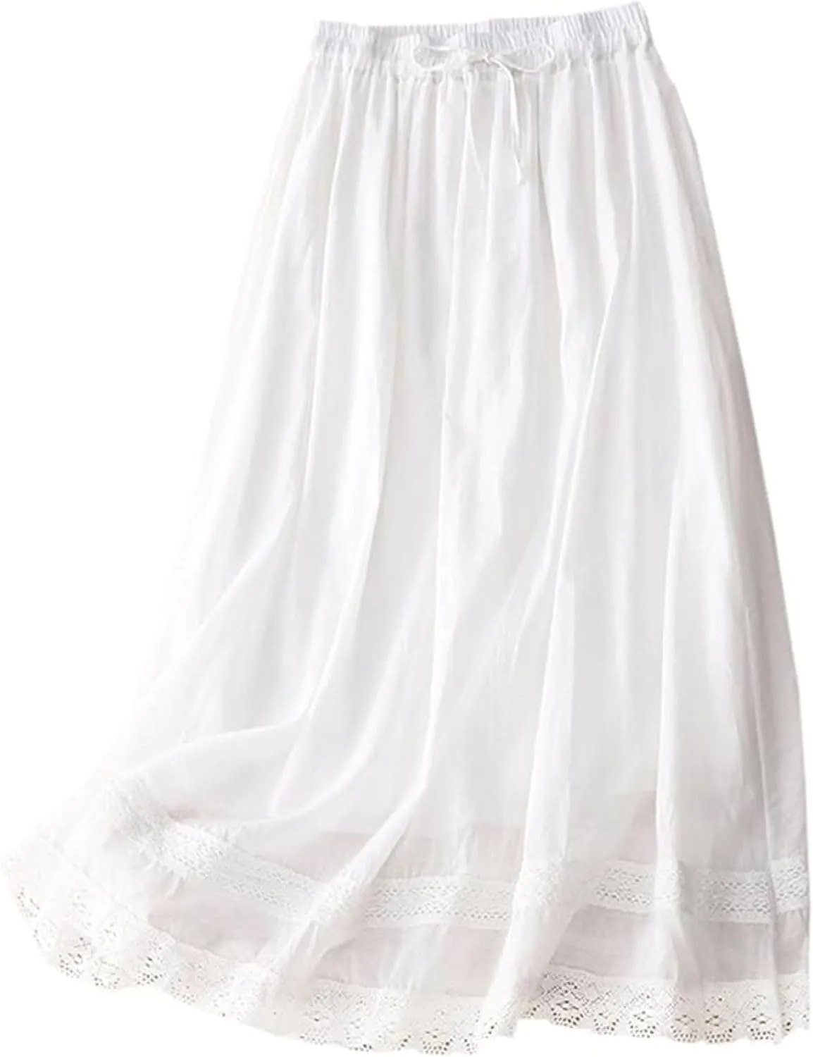 SANGTREE Women's Lace Cotton Linen Skirt Drawstring Waist A Line Beach Flowy Long Skirts