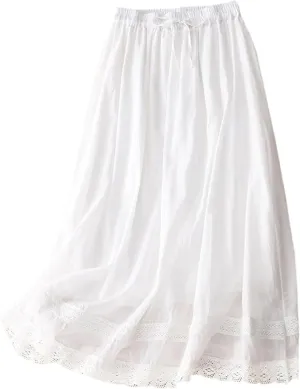 SANGTREE Women's Lace Cotton Linen Skirt Drawstring Waist A Line Beach Flowy Long Skirts