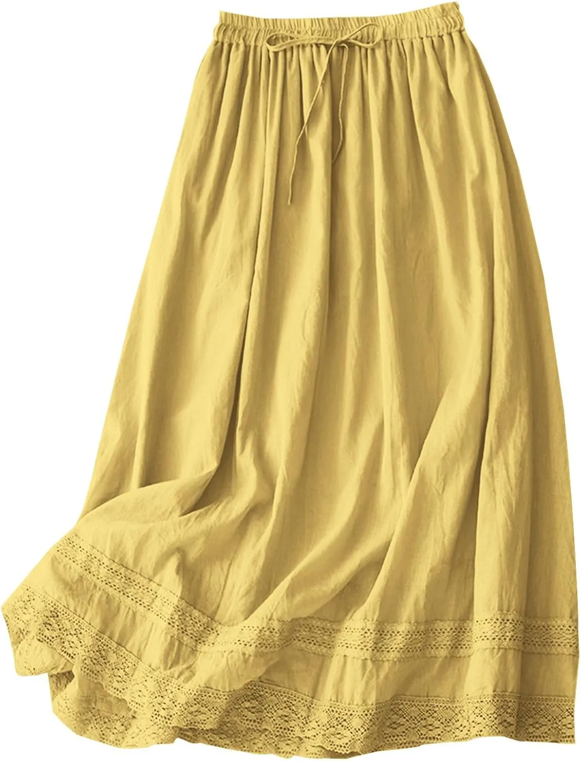 SANGTREE Women's Lace Cotton Linen Skirt Drawstring Waist A Line Beach Flowy Long Skirts