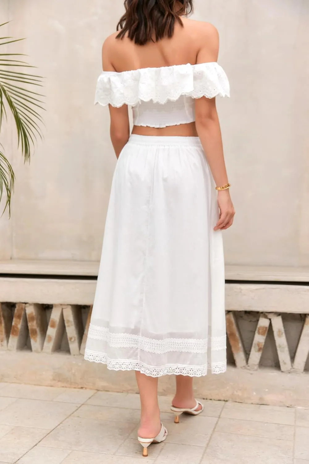 SANGTREE Women's Lace Cotton Linen Skirt Drawstring Waist A Line Beach Flowy Long Skirts