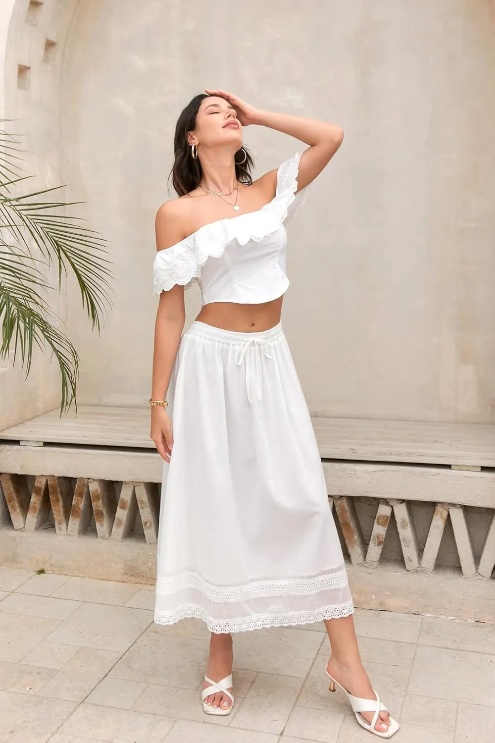 SANGTREE Women's Lace Cotton Linen Skirt Drawstring Waist A Line Beach Flowy Long Skirts