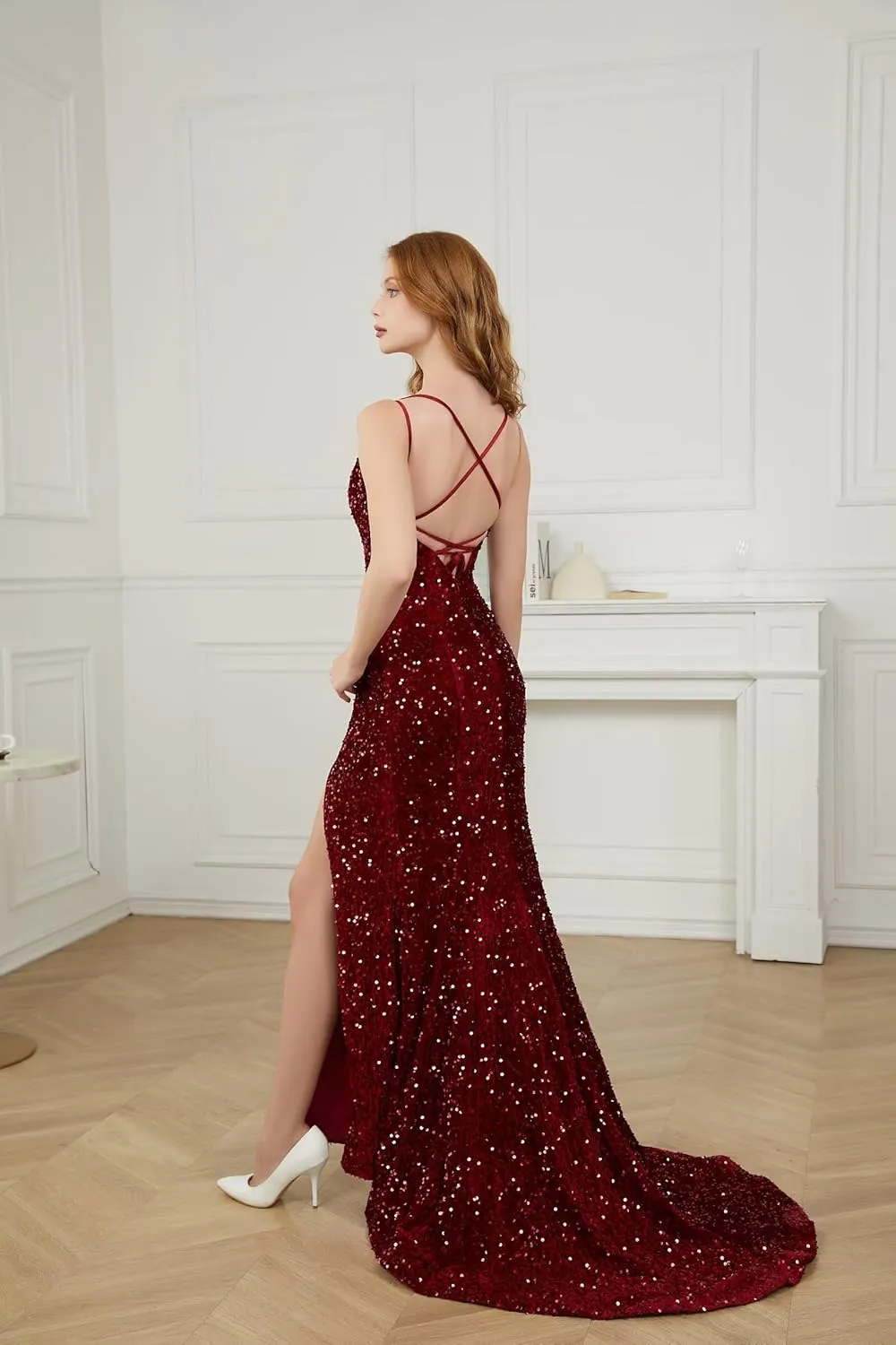 Sequin Prom Dresses for Women 2025 Mermaid Sparkly Spaghetti Backless Formal Evening Party Gowns with Slit