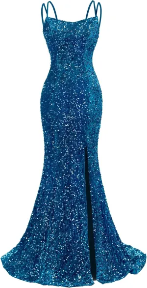 Sequin Prom Dresses for Women 2025 Mermaid Sparkly Spaghetti Backless Formal Evening Party Gowns with Slit