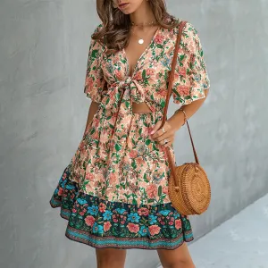 Sexy Floral Print Summer Dress Loose High Waist Boho Mini Dress