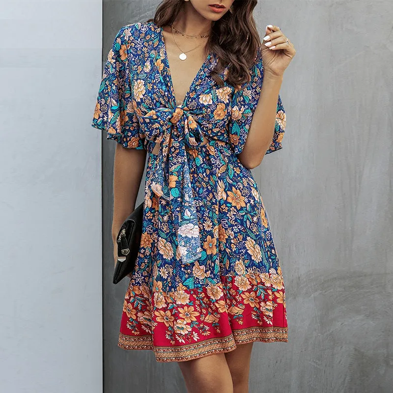 Sexy Floral Print Summer Dress Loose High Waist Boho Mini Dress