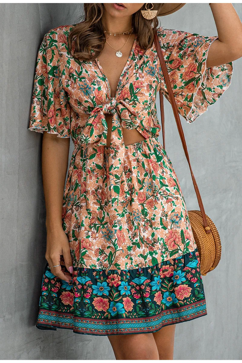 Sexy Floral Print Summer Dress Loose High Waist Boho Mini Dress