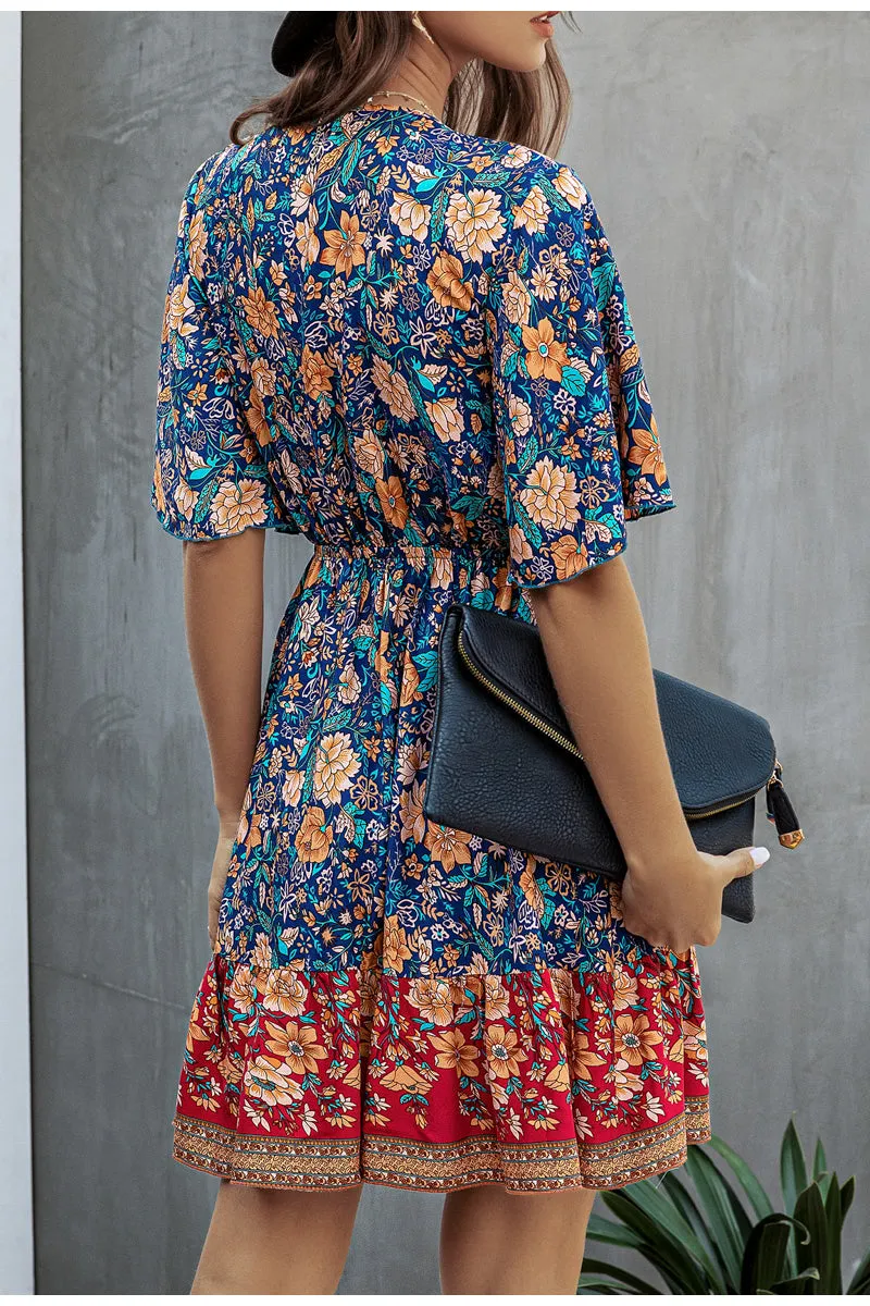 Sexy Floral Print Summer Dress Loose High Waist Boho Mini Dress