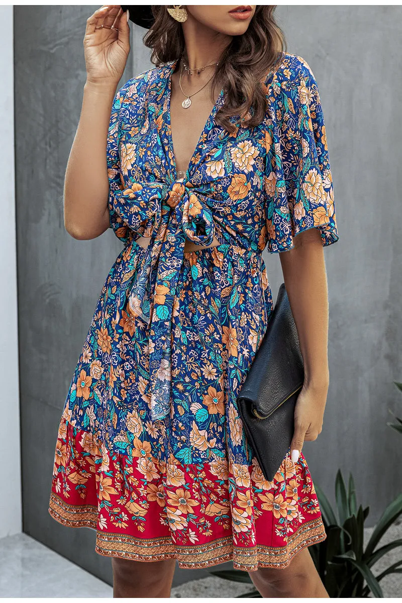 Sexy Floral Print Summer Dress Loose High Waist Boho Mini Dress