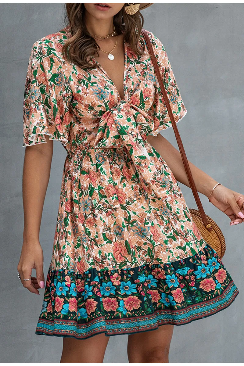 Sexy Floral Print Summer Dress Loose High Waist Boho Mini Dress