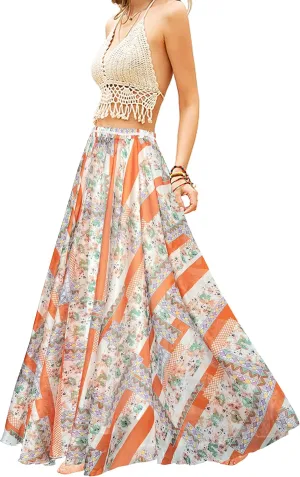 Sinono Women's Floral Maxi Chiffon Long Skirts Full Length Beach Skirt