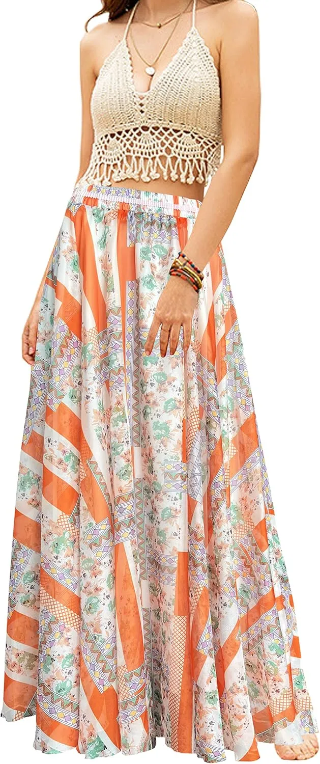 Sinono Women's Floral Maxi Chiffon Long Skirts Full Length Beach Skirt