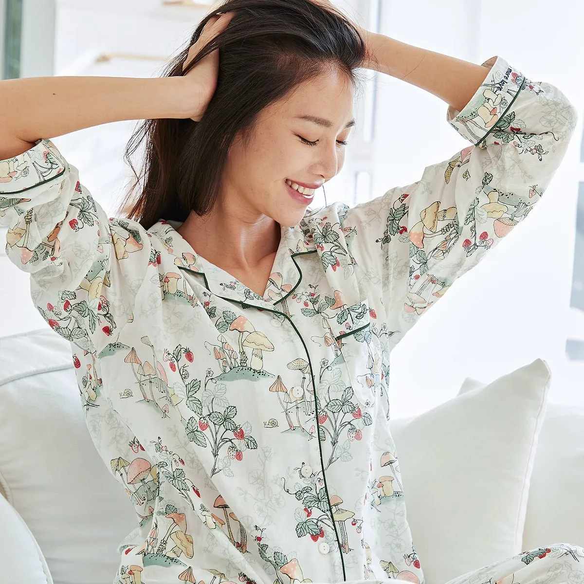 Spring Season Double-layer Long Sleeve Women Green Pyjama Set