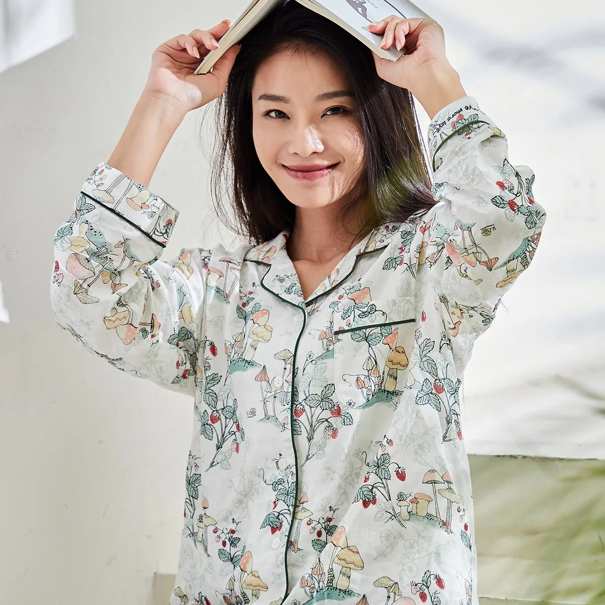 Spring Season Double-layer Long Sleeve Women Green Pyjama Set