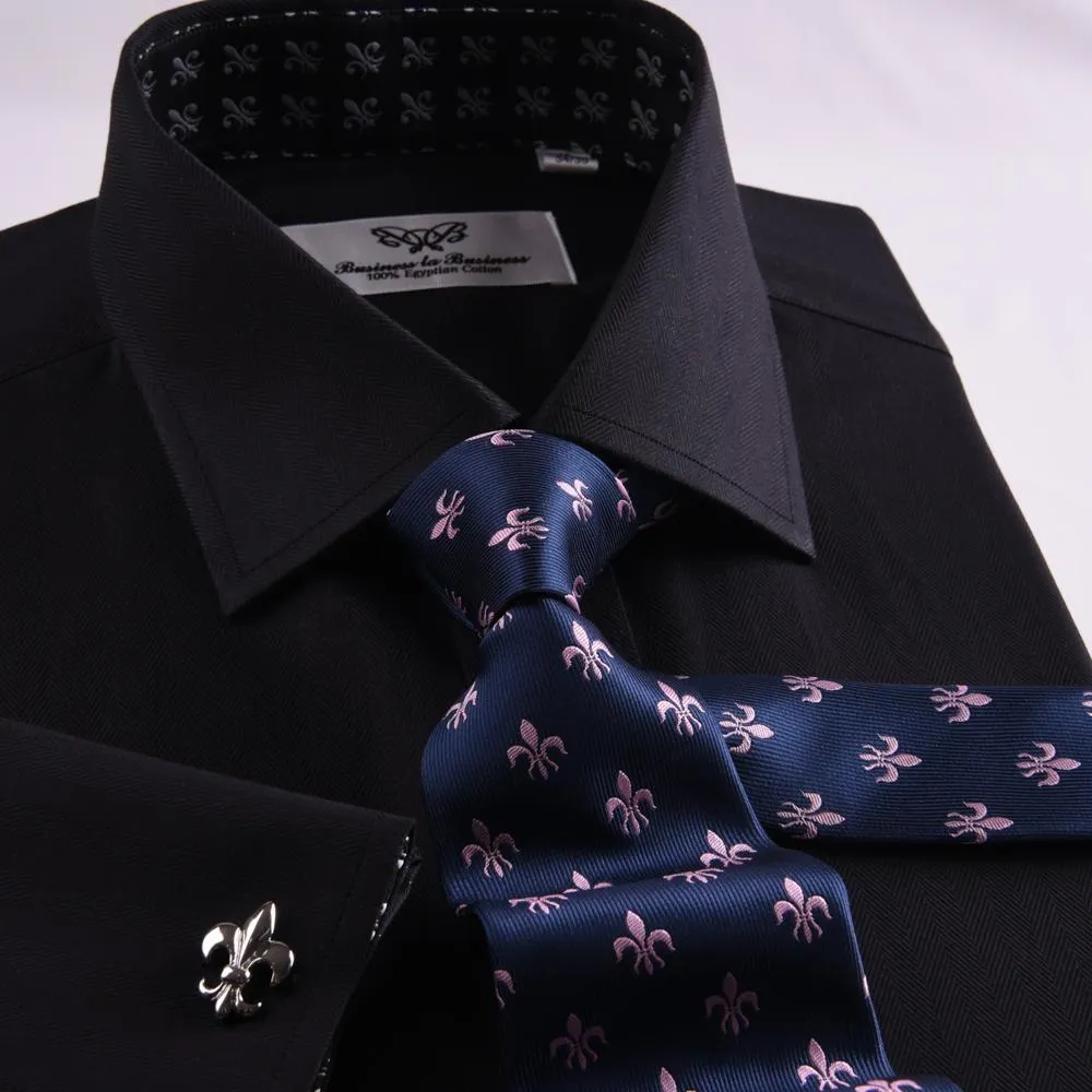Unique Designed Black Herringbone Formal Business Dress Shirt Stylish Luxury Fashion Apparel in French Cuffss