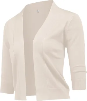 URRU Women's Classic 3/4 Sleeve Open Front Cropped Cardigan Sweater Lightweight Knit Short Shrugs