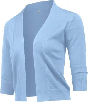 URRU Women's Classic 3/4 Sleeve Open Front Cropped Cardigan Sweater Lightweight Knit Short Shrugs