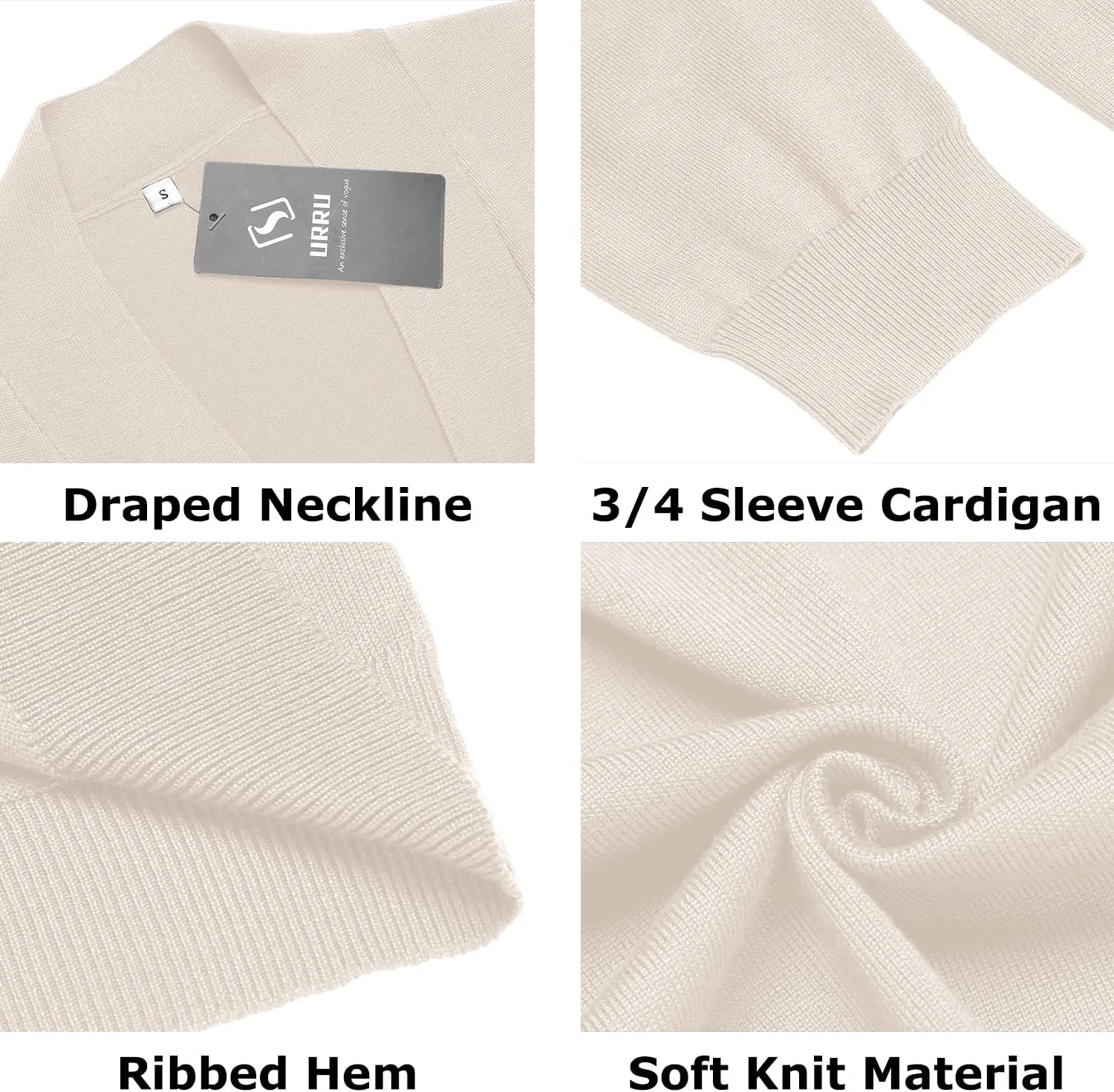 URRU Women's Classic 3/4 Sleeve Open Front Cropped Cardigan Sweater Lightweight Knit Short Shrugs