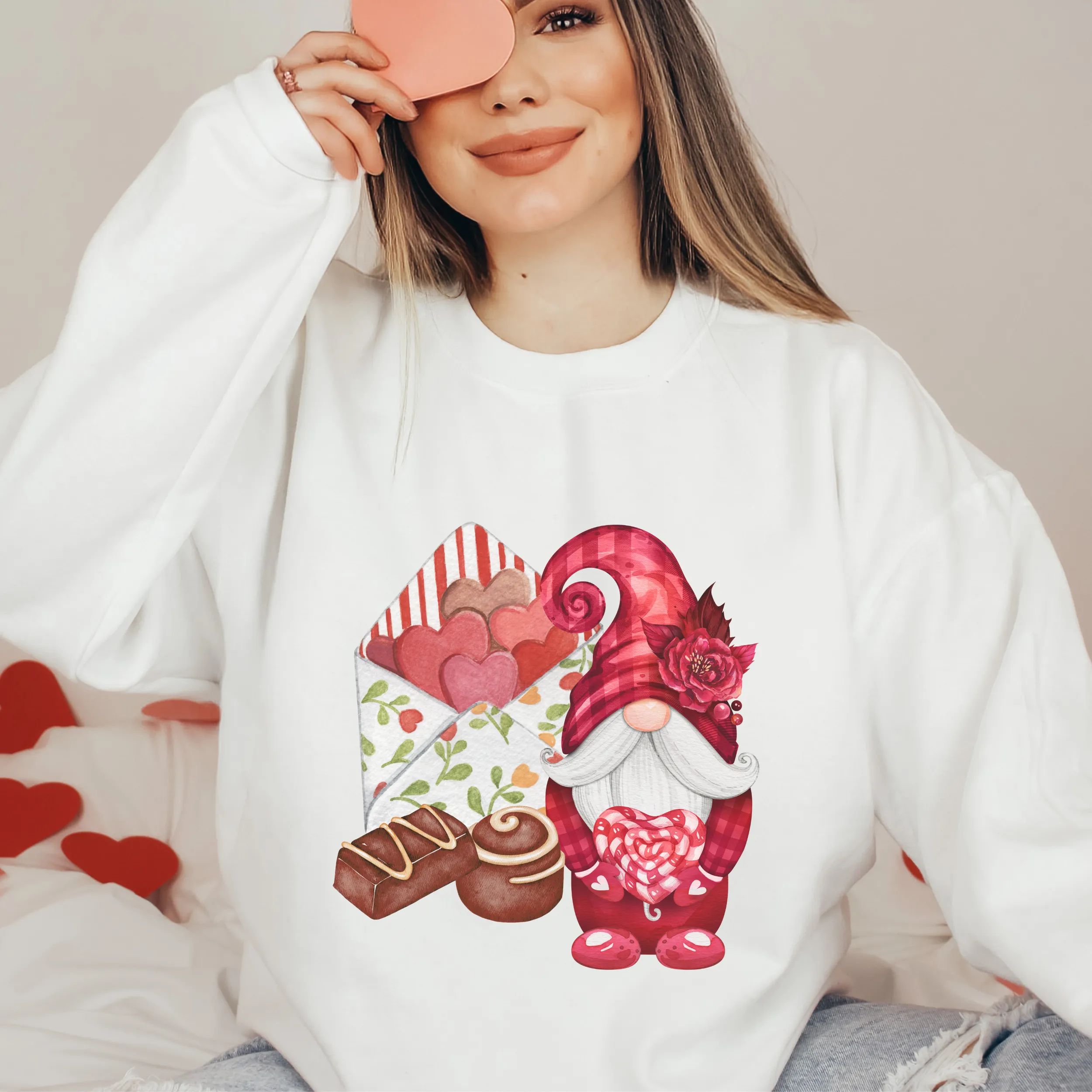 Valentine's Day Unisex-Size Winter Crewneck Sweatshirt Pullover Hand Drawn Gnome with Chocolates and Valentine Pink or White Crewneck