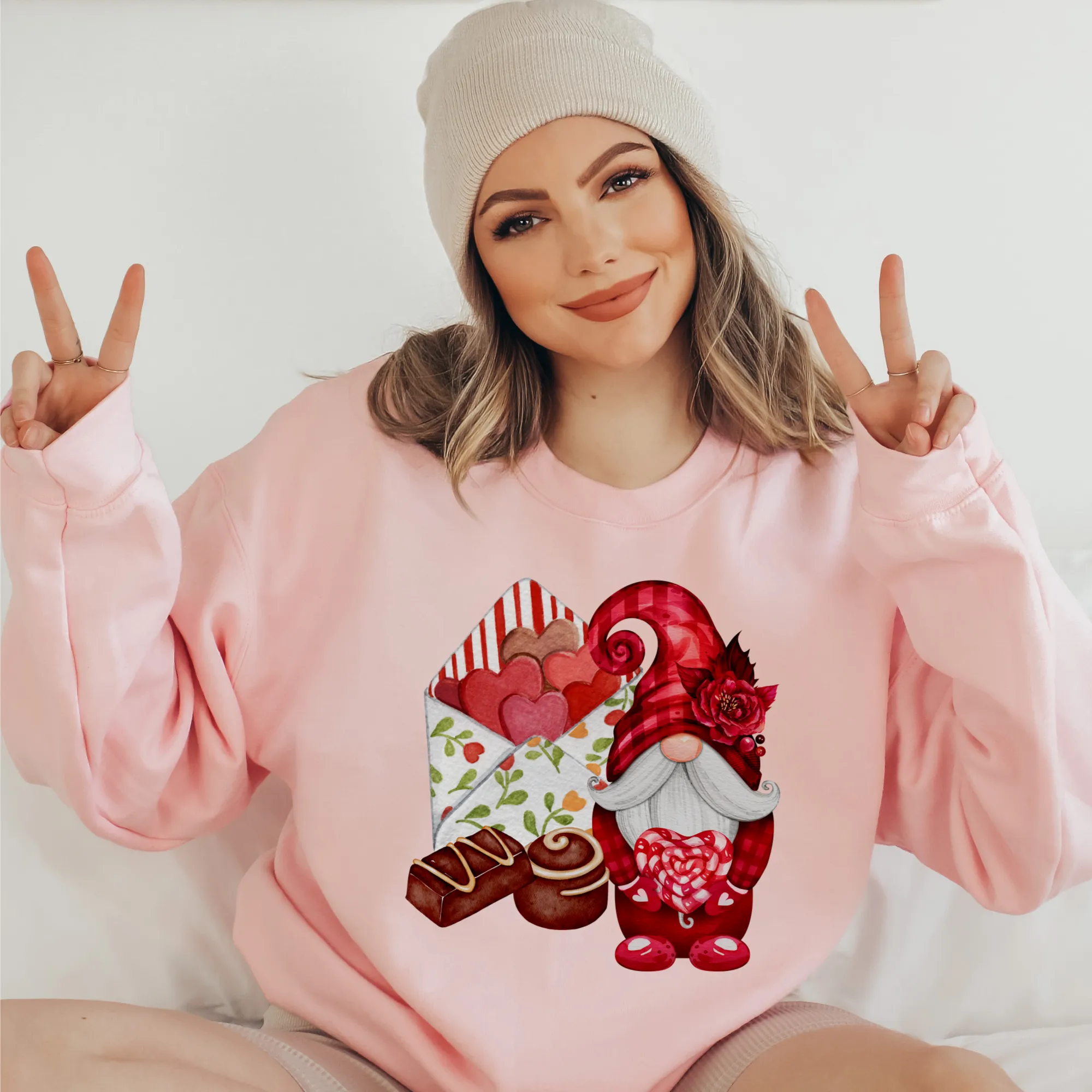 Valentine's Day Unisex-Size Winter Crewneck Sweatshirt Pullover Hand Drawn Gnome with Chocolates and Valentine Pink or White Crewneck