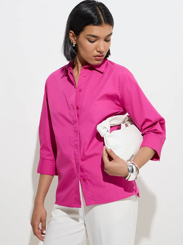 Wardrobe Magenta Solid Cotton Shirt