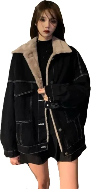 Winter Women Warm Lambwool Lapel Denim Thick Jacket Casual Classic Work Cotton Padded Coat
