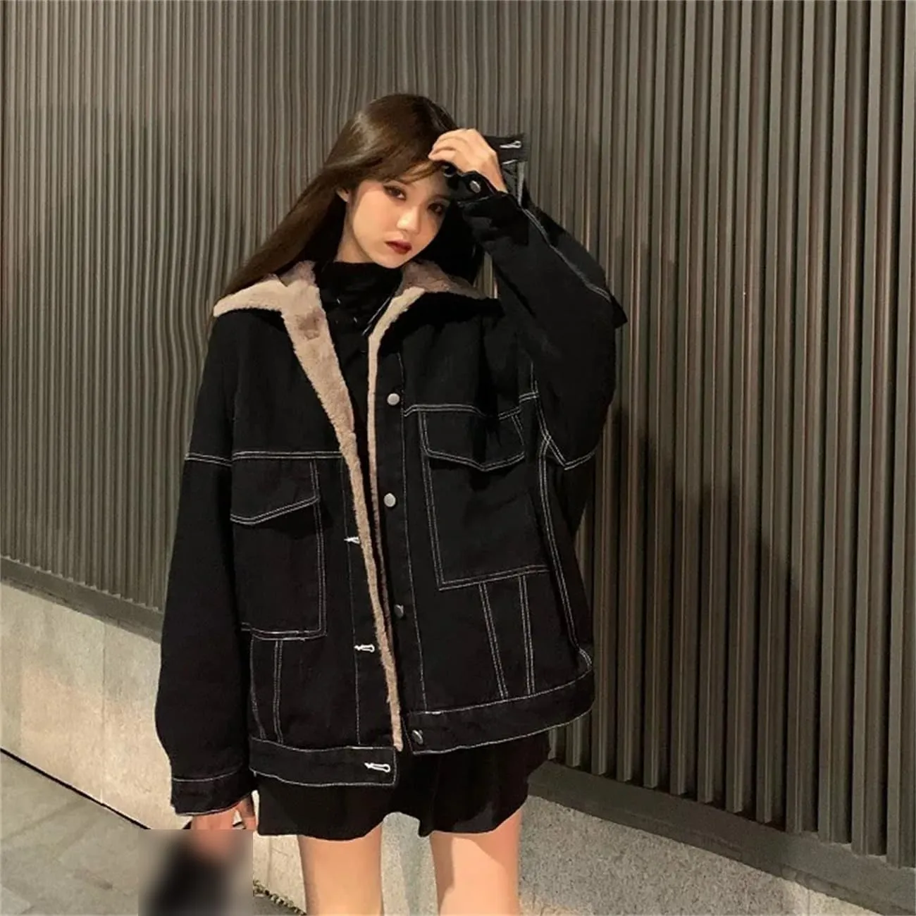 Winter Women Warm Lambwool Lapel Denim Thick Jacket Casual Classic Work Cotton Padded Coat