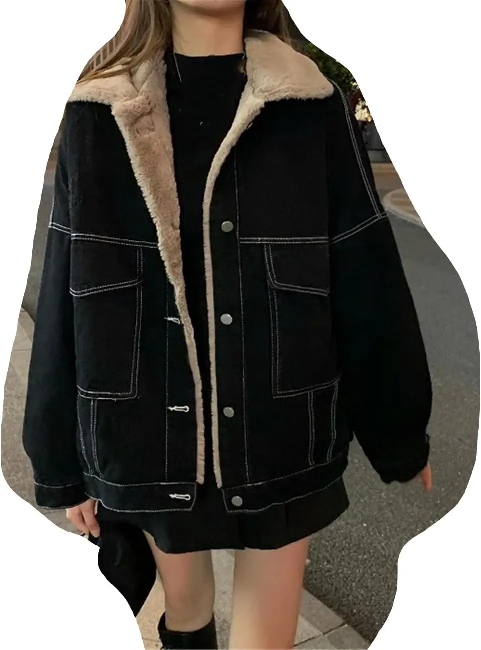 Winter Women Warm Lambwool Lapel Denim Thick Jacket Casual Classic Work Cotton Padded Coat