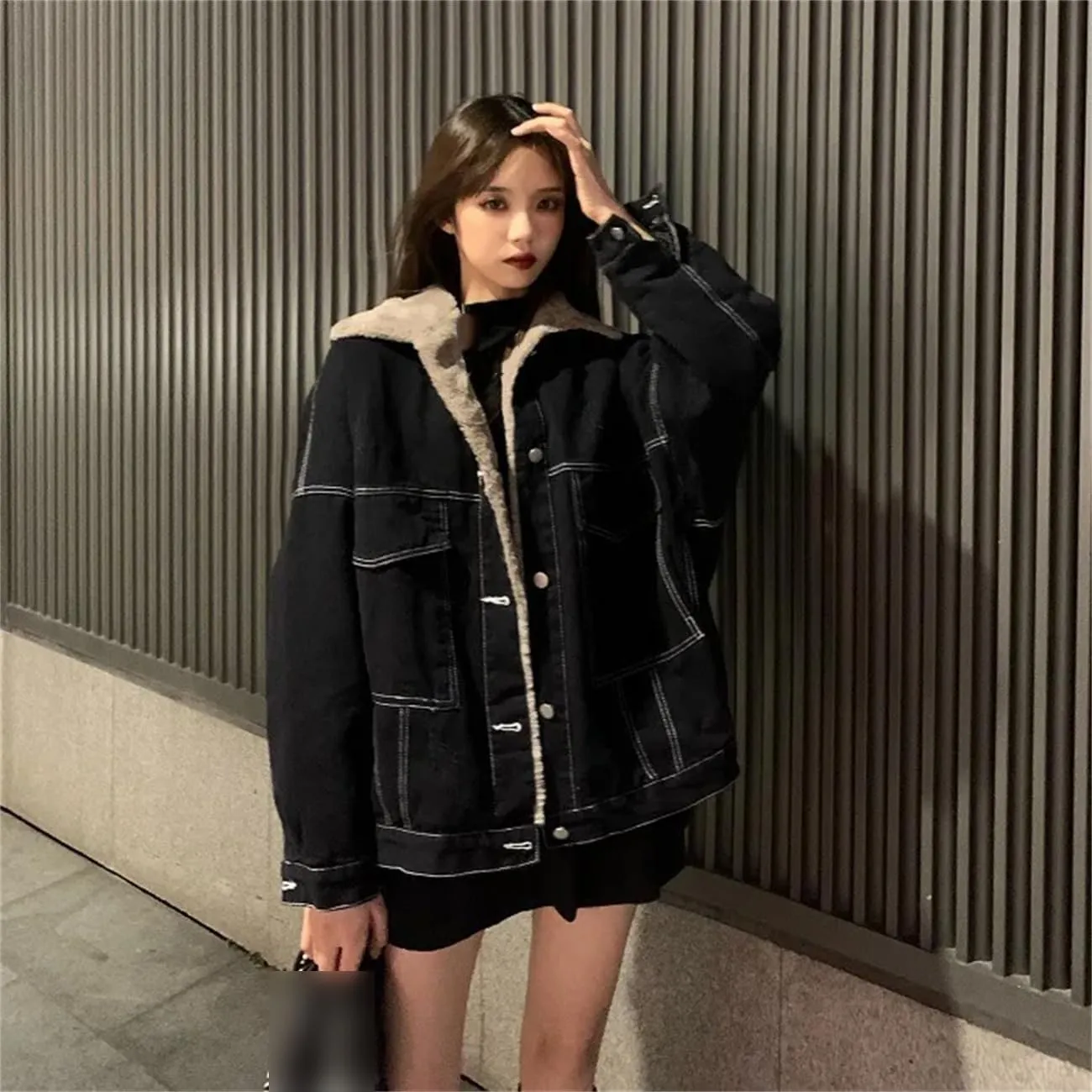 Winter Women Warm Lambwool Lapel Denim Thick Jacket Casual Classic Work Cotton Padded Coat