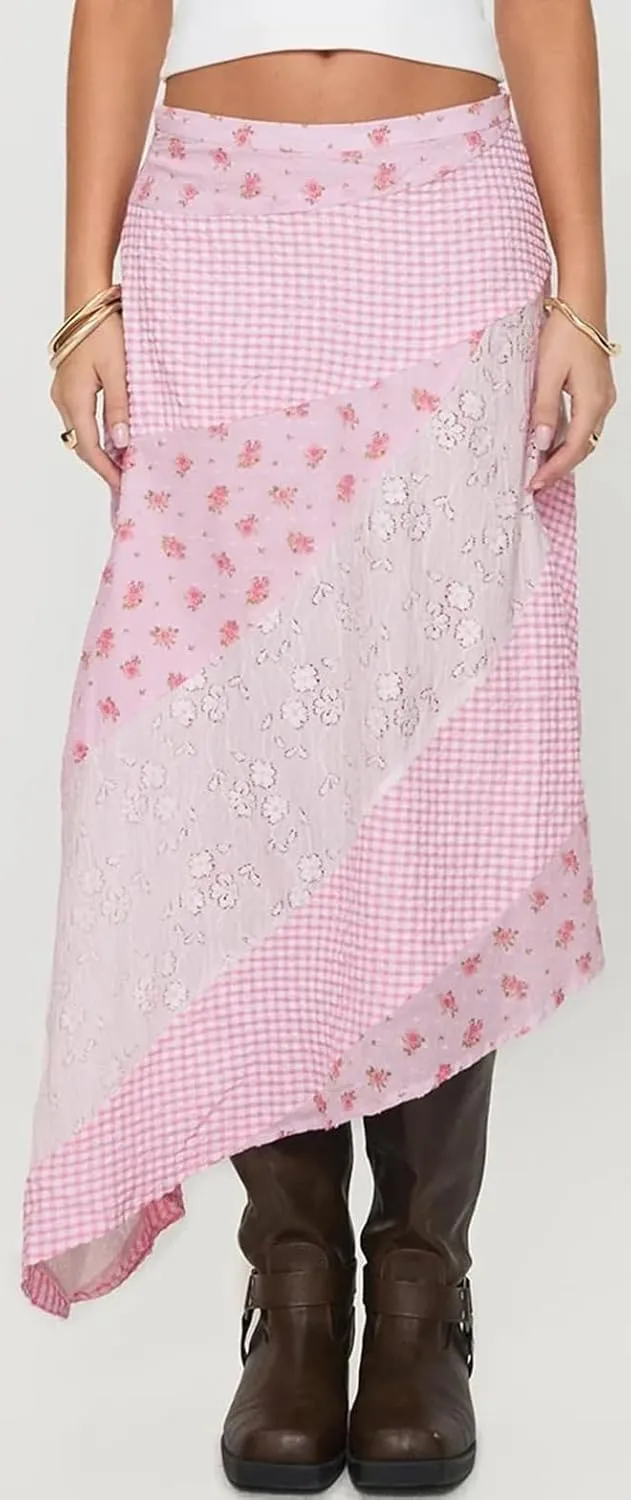 Women Fairy Lace Patchwork Maxi Skirt Y2k Low Rise Irregular Hem Flowy Midi Skirt Holiday Beach Elegant Long Skirts
