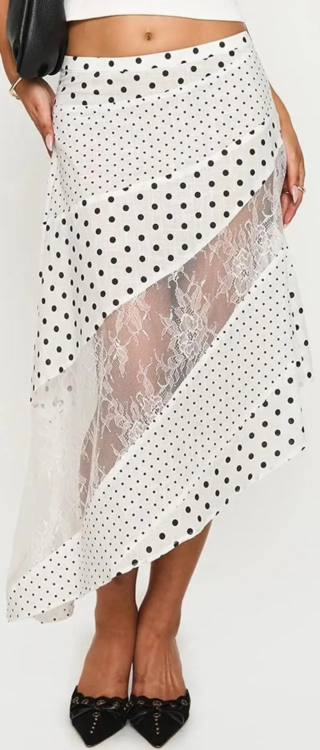 Women Fairy Lace Patchwork Maxi Skirt Y2k Low Rise Irregular Hem Flowy Midi Skirt Holiday Beach Elegant Long Skirts