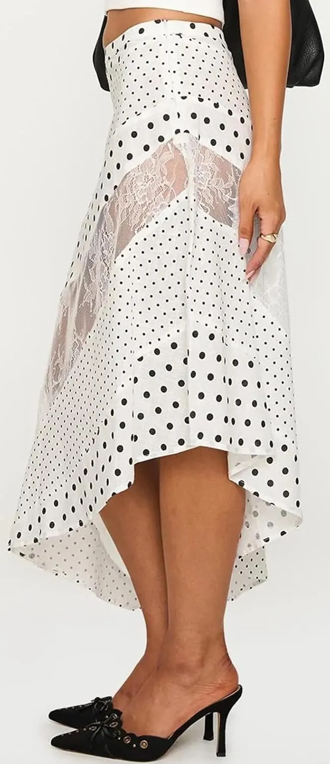 Women Fairy Lace Patchwork Maxi Skirt Y2k Low Rise Irregular Hem Flowy Midi Skirt Holiday Beach Elegant Long Skirts