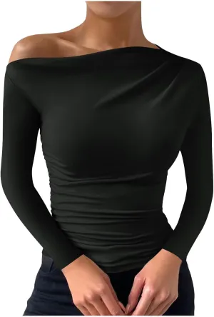 Women One Shoulder Tight Fitted Shirt Long Sleeve Solid Color Blouse Soft Basic Classic Tee Shirts Going Out Clothes