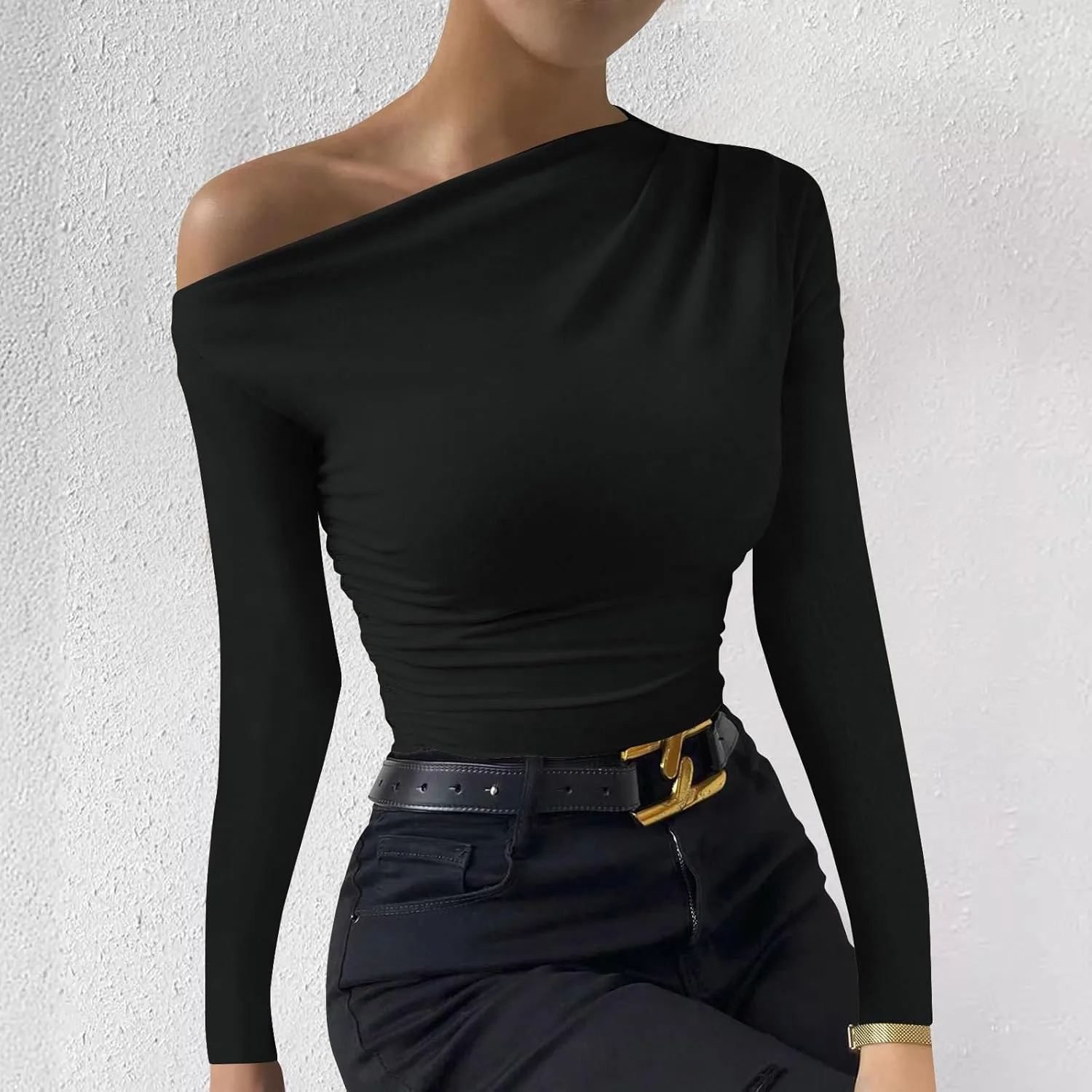 Women One Shoulder Tight Fitted Shirt Long Sleeve Solid Color Blouse Soft Basic Classic Tee Shirts Going Out Clothes