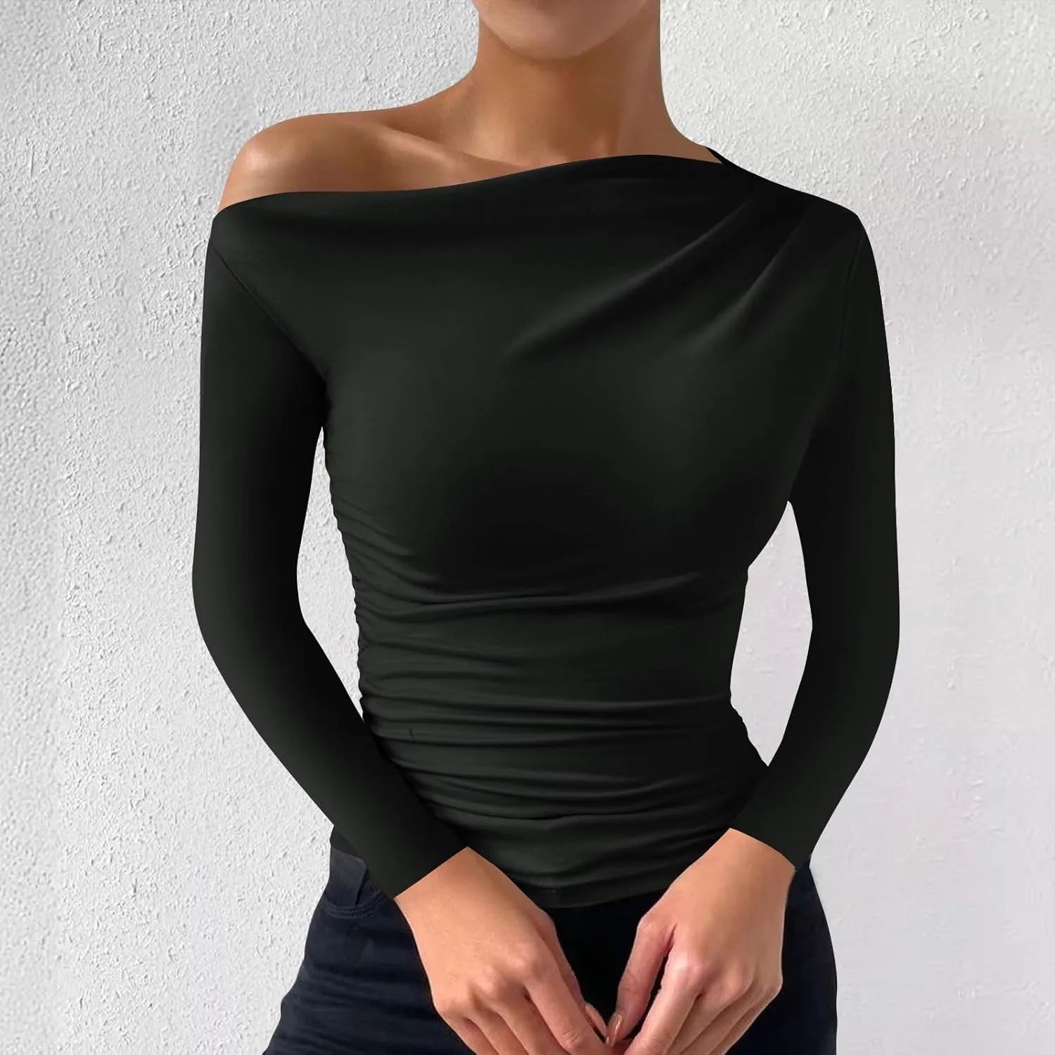 Women One Shoulder Tight Fitted Shirt Long Sleeve Solid Color Blouse Soft Basic Classic Tee Shirts Going Out Clothes