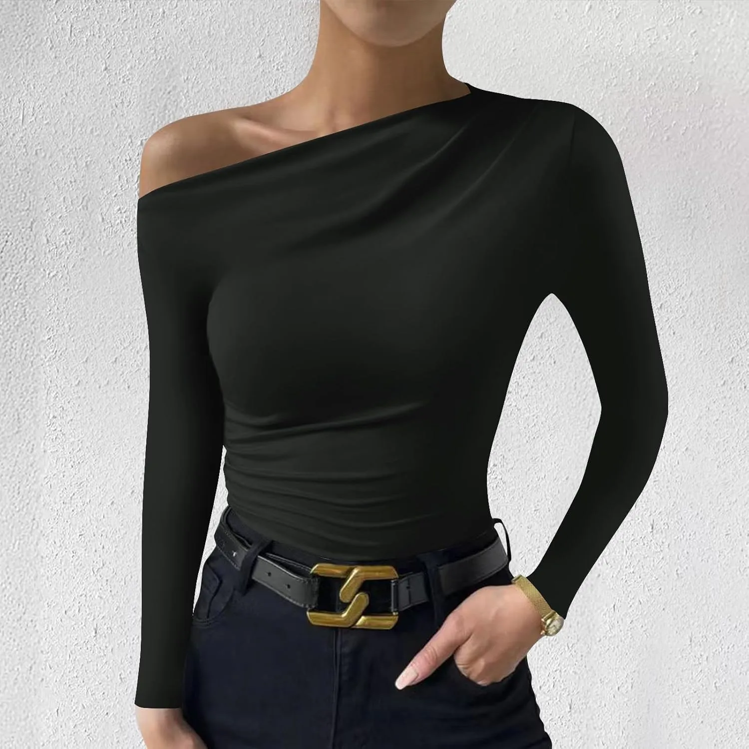 Women One Shoulder Tight Fitted Shirt Long Sleeve Solid Color Blouse Soft Basic Classic Tee Shirts Going Out Clothes