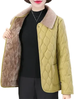 Women Quilted Lapel Pockets Plush Jacket Loose Classic Warm Single Breasted Cotton-Padded Coat